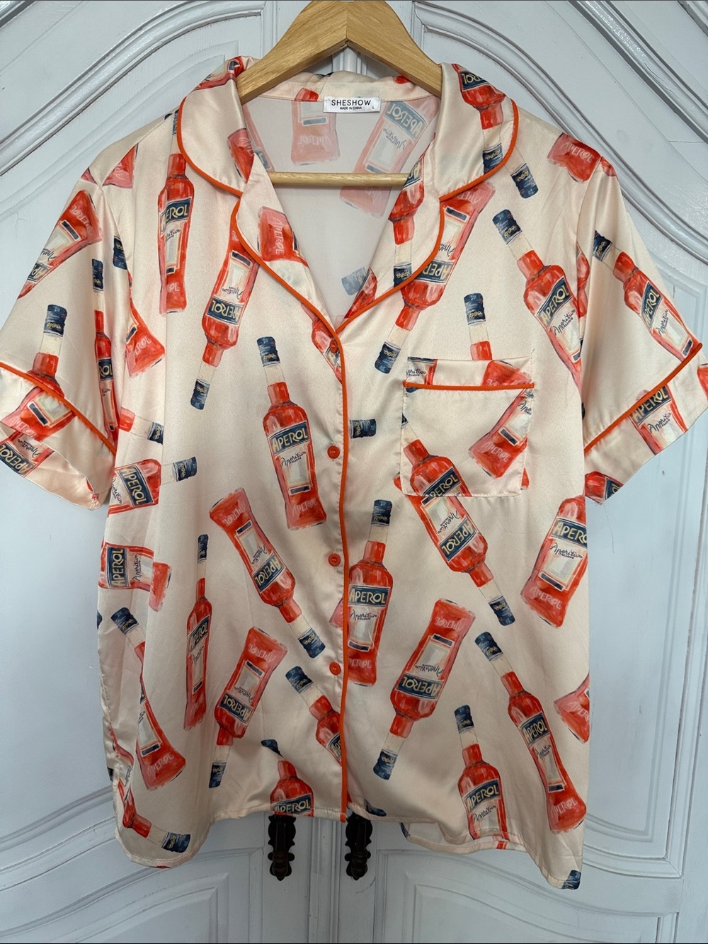 Aperol Print Satin Pajama Top Button Down  Shirt Bachelorette Novelty Size L